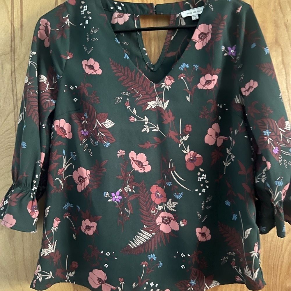 Skies Are Blue Dark Green Blouse with Pink and Purple Floral Design